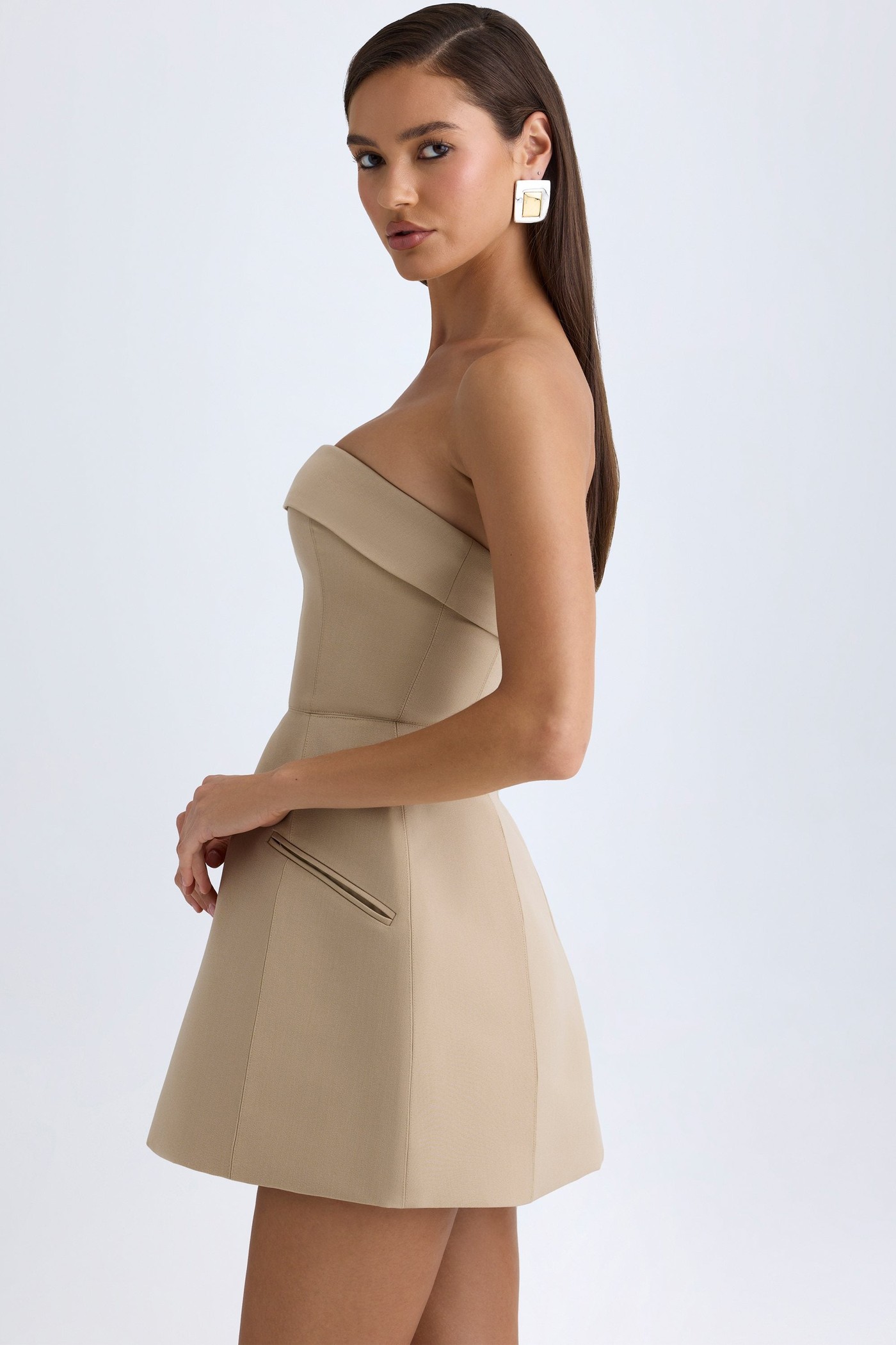 Foldover-Neck Structured Tulip Mini Dress in Camel view 4