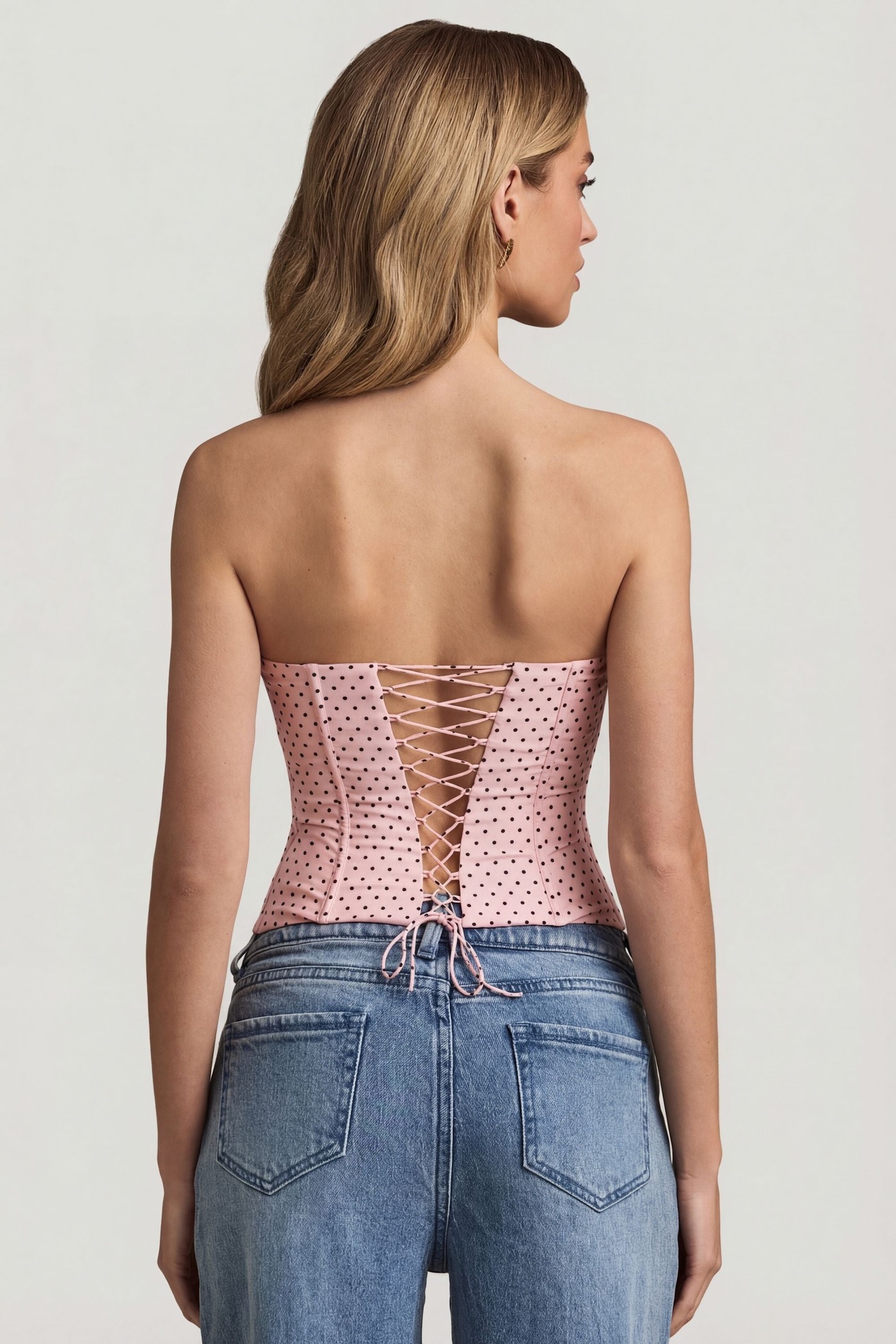 Lace-Up Strapless Corset Top in Pink Polka Dot view 3