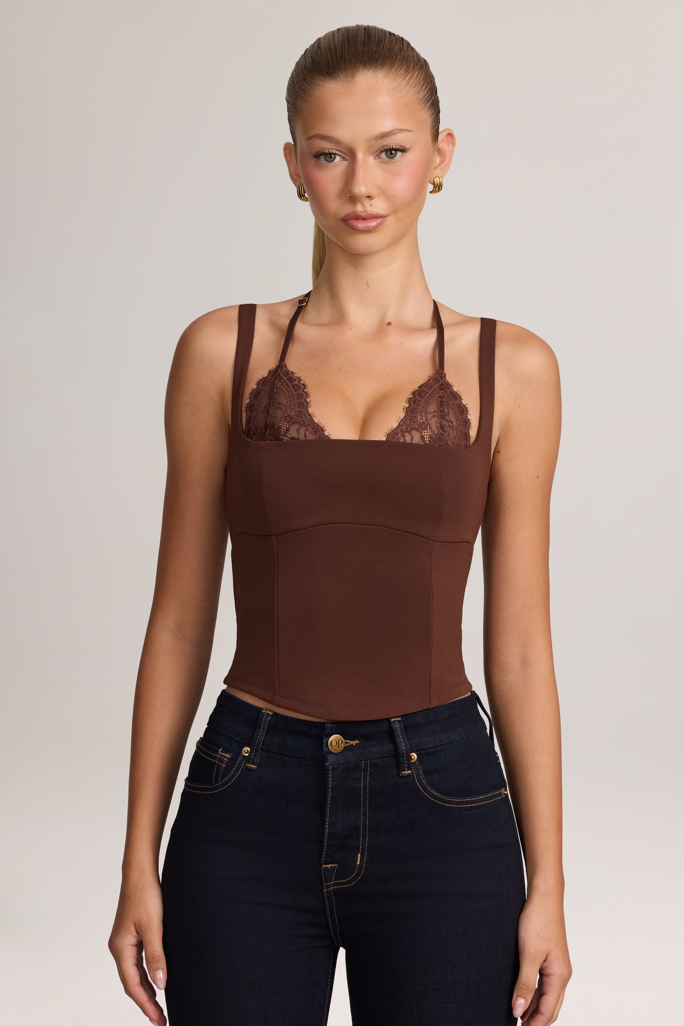 Ponte Peekabo Lace Tank Top in Cocoa Brown